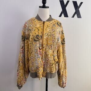 FREE PEOPLE Yellow Paisley Bomber Jacket Oversized Full Zip Indie M